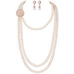 BABEYOND 1920s Gatsby Pearl Necklace Vintage Bridal Pearl Necklace Earrings Jewelry Set Multilayer Imitation Pearl Necklace with Brooch (Rose Gold)