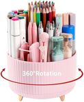 Desk Pencil Pen Holder, 5 Slots 360°Degree Rotating Pencil Pen Organizers for Desk, Desktop Storage Stationery Supplies Organizer, Cute Pencil Cup Pot for Office, School, Home, Art Supply, Pink