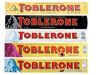 Toblerone of Switzerland Combo Chocolate Bars (Swiss Milk, Swiss Dark, Swiss White, Swiss Fruit & Nut Swiss Crunchy Almond),Pack of 5 (100 grams Each)