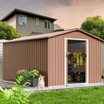 Garvee 8x15 Ft Metal Storage Shed with Pitched Roof & Lockable Door Galvanised Steel Storage Shed, Backyard Garden Patio Lawn Outdoor Sheds Large Garden Metal Shed for Garden, Patio, Backyard, Brown