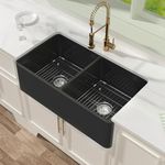 Miuara Black Farmhouse Sink 33 Inch x 18 Inch 50/50 Double Bowl Farmhouse Sink Black Farm Sink Apron Sink Undermount Kitchen Sinks Fireclay Sink Farmer Sink Reversible with Custom Accessories