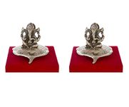 INTERNATIONAL GIFT® Silver Plated Brass Lord Ganesha Sitting On Leaf with Diya Idol Oxidized Finish with Luxury Velvet Box with Beautiful Carry Bag Set of 2 Pieces