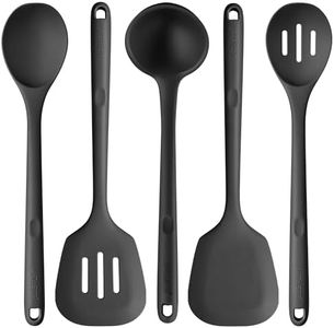 Long Silicone Cooking Utensil Set - U-Taste High Heat Resistant Kitchen Accessories, BPA-Free Non-Scratch Solid & Slotted Turner and Spoon, Soup Ladle for Non-Stick Cookware (5 PCS, Black)