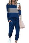 PRETTYGARDEN Women's Color Block 2 Piece Tracksuit Crewneck Long Sleeve Tops Long Sweatpants Outfits Lounge Sets(Bright Blue,Large)