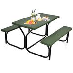 ORALNER Picnic Table, Resin Dining Table & 2 Benches Set, Weather Resistant Wood Grain Tabletop & Steel Frame, Plastic Picnic Tables for Outdoors, Porch Yard Patio Lawn Party Camping (Green)