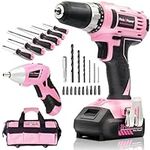 Pink Power Home Tool Kit with 20V Pink Drill Set for Women, 3.6V Electric Screwdriver Power Drill Set, Toolbag and Magnetic Screwdriver Hand Tool Set - Cordless Power Drill Tool Kit for Women