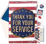 Decorably Gold-Foiled Individual Thank You for Your Service Card with Wooden Letters on Die-Cut Badge, 5x7in Veteran Thank You Cards Set with Envelope & Stickers, Veteran Card with Printed Message