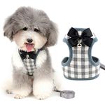 Zunea No Pull Small Dog Harness and Lead Sets Adjustable Soft Mesh Plaid Tuxedo Vest Clothes with Bowtie and Safety Bell for Puppy Chihuahua, Escape proof Cats Harnesses for Walking Gray M