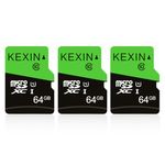 KEXIN 64GB Micro SD Card 3 Pack Microsd Memory Card UHS-1, Class 10 MicroSDXC TF Card 64 GB SD Card with SD Adapter for Phones, Monitor, Drone, Dash cam, Fire Table, Switch (C10, U1, Black Green)