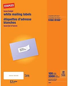 Staples White Inkjet/Laser Address Labels, 1" X 2-5/8", 3,000/Box