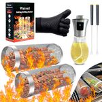 Round BBQ Grill Basket 2pcs Set with BBQ Glove, 2x Forks & Oil Sprayer | Stainless Steel Grilling Baskets for Vegetables, Meat | Tight Mesh Grill Basket Cylinder Net| Portable Grill Rolling Baskets