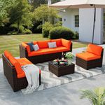 VONZOY Patio Furniture Set, 7 Pieces Outdoor Sectional Sofa Set with Waterproof Cover, PE Wicker Rattan Slanted Back Outdoor Conversation Set with Cushions and Glass Coffee Table, Orange