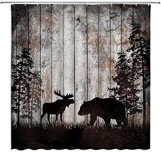 Rustic Bear Deer Shower Curtain Wildlife Cabin Moose Elk Animal Silhouette Hunting Camping Retro Wooden Board Forest Farmhouse Polyester Fabric Bath Decor with Hook,Black Grey