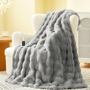 Amélie Home Heated Bubble Faux Fur Blanket Electric - 50"x60" Heating Blanket Throw 2/4/6/8 Hours Auto-Off 8 Heat Level Over-Heat Protection Electric ETL Certification Grey
