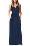 AUSELILY Ladies Summer Dress Sleeveless Maxi Dress Sexy V Neck Long Dress Elegant with Pockets Navy Blue 3XL