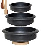 Craftsman India Online Deep Burned Clay Uncoated Pot/Earthen/Mud/Mitti Handi For Cooking And Serving Combo 1, 2 & 3 Liter, Black