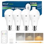 BoRccdit CordlessGlow Rechargeable Light Bulb, 3 Color Temperatures + 10%-100% Dimmable + Up to 24 Hours + USB Rechargeable Light Bulbs with Remote & Touch Control, 15W B22 LED Battery Light Bulb 4PK