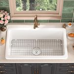 White Drop in Kitchen Sink, DeerValley 32" x 20" Fireclay Drop in Kitchen Sink, Deep Single Bowl Kitchen Sink, White Undermount Kitchen Sink with Sink Grid and Basket Strainer DV-1K513