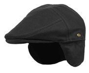 100% Wool Herringbone Winter Ivy Cabbie Hat w/ Fleece Earflaps – Driving Hat (L, BLACK)