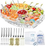 Chilled Serving Tray, 15" Clear Plastic Party Platter with 4 Compartments, Ice Serving Bowl with Bamboo Sticks, Stainless Spoons Forks Clamps, Appetizer Serving Tray on Ice for Veggie, Appetizer