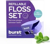 BURST Refillable Dental Floss Dispenser Set - Mint Eucalyptus Aroma - Expanding Floss - Stain-Absorbing, Woven Tooth Floss - Lavender Case + 32 Yards Charcoal Floss