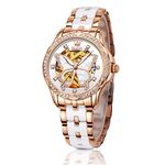 OLEVS Watches for Women Ceramic Bracelet White Dial Butterfly Skeleton Automatic Watch Fashion Elegant Big Face Diamond Watch Self Winding Mechanical Waterproof Ladies Dress Watches