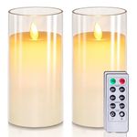 LTETTES Flameless White Acrylic Fiber Glass LED Electric Candles with Dancing Faux Wick | AA Battery Powered with Remote Controller Pillar Candle for Home Festival Wedding Decor (3" Dx6 H - Set of 2)