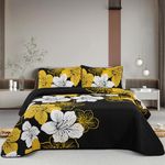 DJY Black Quilt Set King Gold Floral Pattern Quilt Coverlet Set Gorgeous Boho Bedspread with 2 Pillow Cases Soft Microfiber Botanical Bedding Quilt Set for All Season (3 Pieces, 104"x 90")