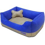 Blueberry Pet Heavy Duty Microsuede Overstuffed Bolster Lounge Dog Bed, Removable & Washable Cover w/YKK Zippers, 34" x 24" x 12", 11 Lbs, Blue and Beige Color-Block Beds for Cats & Dogs