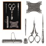 Vintage 6pc Embroidery Tools Kit | Complete Needlework Set: Sewing Scissors, Awl, Bodkin, Winding Board, Thimble, & Needle Case