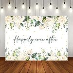 Lofaris Happily Ever After Backdrop for Wedding White Floral Green Leaves Gold Dots Photography Background Bridal Shower Wedding Party Decorations Banner Photo Props 7x5ft