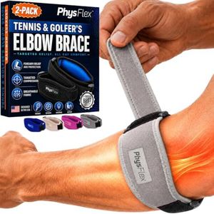 PhysFlex Elbow Brace 2-Pack for Men & Women, Adjustable Tennis & Golfer's Elbow Support Strap for Tendonitis Pain Relief - Compression Pad for Arm, Forearm, Tendon Pain Relief (Gray)