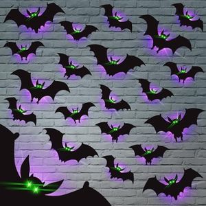 24 Pack Halloween Bats Decorations Wall Stickers with Glow in Dark Eye, 4 Different Style Removable PVC Wall Bats Sticker for Indoor Outdoor Home Window Garage Decor Party Supplies