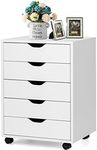 Giantex 5-Drawer Chest of Drawers, Wooden Dresser Chest, Mobile Lateral Filing Cabinet with Wheels, Uder Desk Drawer Tallboy Cabinet for Home Office Living Room (White)