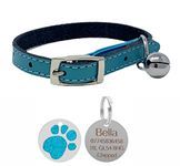 Genuine Leather Cat Collar with Safety Elastic & Bell with Personalised Engraved 25mm Glitter Paw Print Tag (Blue)