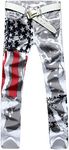Classlong Men Casual American USA Flag Printed Washed Jeans Pants Mens Graffiti Print White Hip-hop Fashion Jean Slim Fit Trousers (38, White)