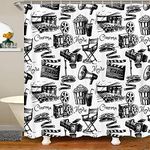 Loussiesd Movie Theater Shower Curtain Vintage Cinema Bathroom Curtains with Hooks Old Fashioned Camera Bath Curtain Black White Popcorn Movies Waterproof Cloth Fabric 72x78 Inch