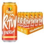 Rubicon RAW 12 Pack Orange & Mango 500ml Energy Drink, 20% Real Fruit Juice, High caffeine with B-Vitamins, Ginseng & Guarana, No Artificial Colours or Flavours, Reduce Tiredness & Boost Energy