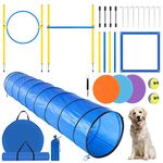 RAIN QUEEN Dog Agility Course Backyard Set - Agility Training Equipment for Dogs Starter Kit-Pet Outdoor Games with Tunnel, Weave Poles, Adjustable Hurdle, Jump Ring, Pause Box, Toys and Carrying Bag
