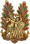 Collectible India Peacock Design Radha Krishna Idol Showpiece with Diya for Puja and Home Decor (8 x 6 Inches), Metal, Gold (1 Piece)