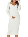 WANTROY Maternity Dress Long Sleeve V Neck Knit Stretchable Sweater Dresses Pregnancy Clothes for Photoshoot Baby Shower, White, Medium