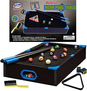 Matty's Toy Stop Deluxe Wooden 20" Mini Table Top NEON Pool (Billiards) Table with 15 Colored Balls, 1 Cue Ball, 1 Brush, 2 Pool Sticks, 2 Cubes of Chalk & Racking Triangle