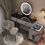 GOOCOO Dressing Table with LED Lights Mirror and Stool, Vanity Makeup Table Set with 5 Storage Drawers,Bedroom/Living room Intelligent Dressing Tables, (Gray/100cm)
