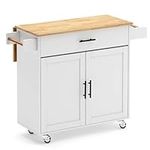 soges Rolling Kitchen Island on Wheels with Drop Leaf, Kitchen Cart with A Drawer and Cabinet, Serving Cart with Spice Rack Towel Holder, White, 10FZSRKI07WH-CA