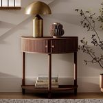 Fluted Half Moon Console Table - Small Entry Desk - Living Room Furniture - Modern Home Decor - Solid Wood Entryway Table with Two Doors and Brass Knobs (Walnut)