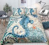 Seahorse Duvet Cover King Size 3D Seahorse Printed Decorative Bedding Marine Mediterranean Style Quilt Cover Teal Ocean Animal Bedding Sets Ocean Park Theme Comforter Cover Kids Adult