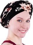 (D Black Pink Flower) - Chemo Cancer Head Hat Cap Ethnic Bohemia Pre-Tied Twisted Braid Hair Cover Wrap Turban Headwear