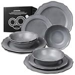 Navaris Scandi Style Porcelain Dinnerware Set - Ceramic Crockery Sets for 4 - Stackable Dishes with Dinner and Salad Plates Cereal Bowls - Dishwasher & Microwave Safe - 12pcs Grey