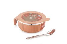 LUCIDO Linex Airtight Leakproof Stainless Steel Insulated Toddler Baby Feeding Bowl with Spoon (380 ML, Brown)