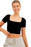 Stars and You Short Sleeves Square Neck Cotton Crop TOP (in, Alpha, XL, Black)